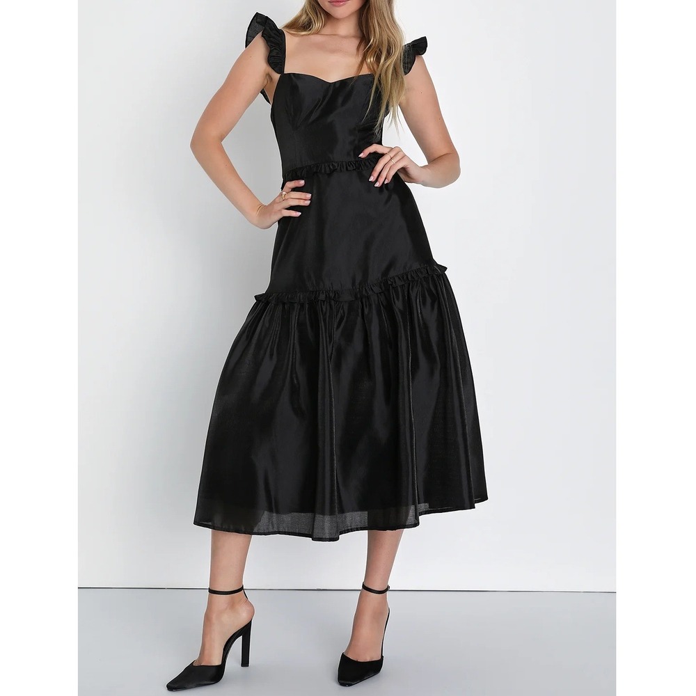 Lulus Effervescent Aesthetic Black Tiered Ruffled Midi Dress XL Event Party